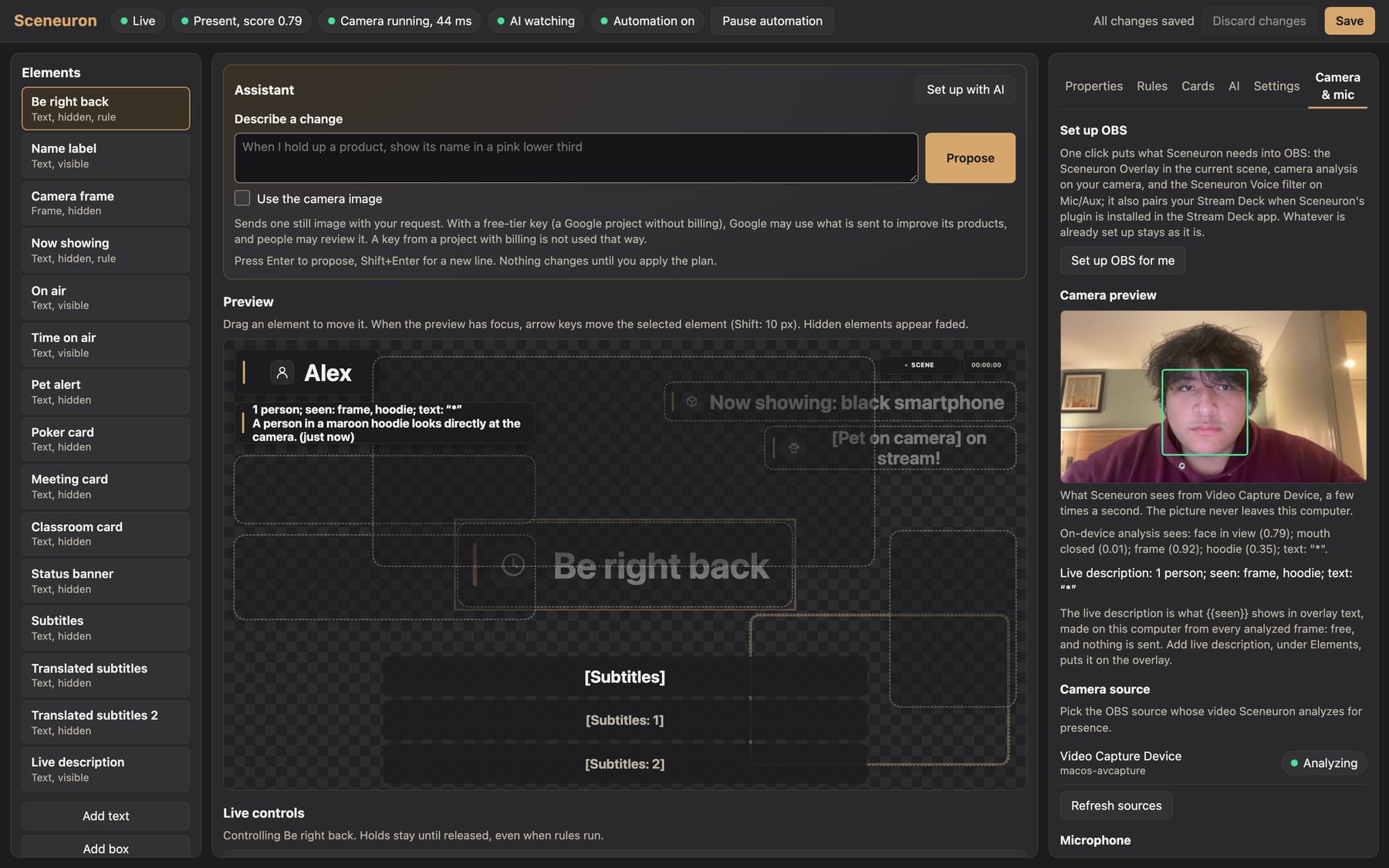 The Sceneuron editor: a list of overlay elements, the AI assistant, a preview of the overlay, and the camera tab showing Alex's live camera with a face box and what the on-device analysis sees.