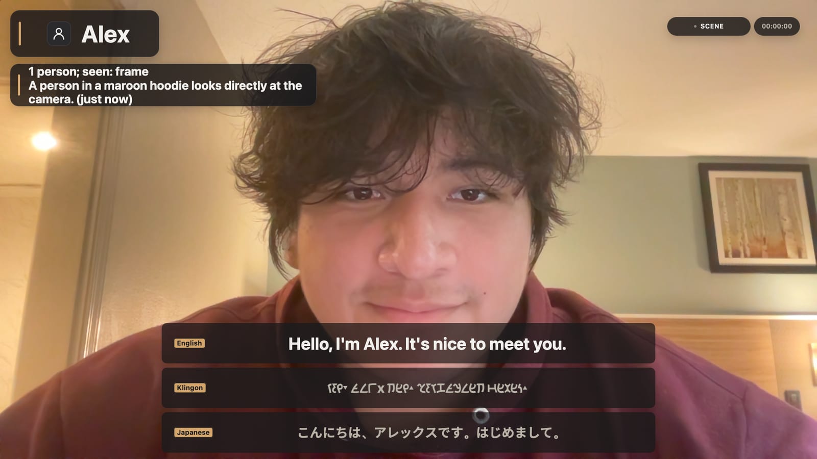 Alex speaking with three live subtitle lines under his video: English “Hello, I'm Alex. It's nice to meet you.”, the same line in Klingon written in pIqaD script, and in Japanese.