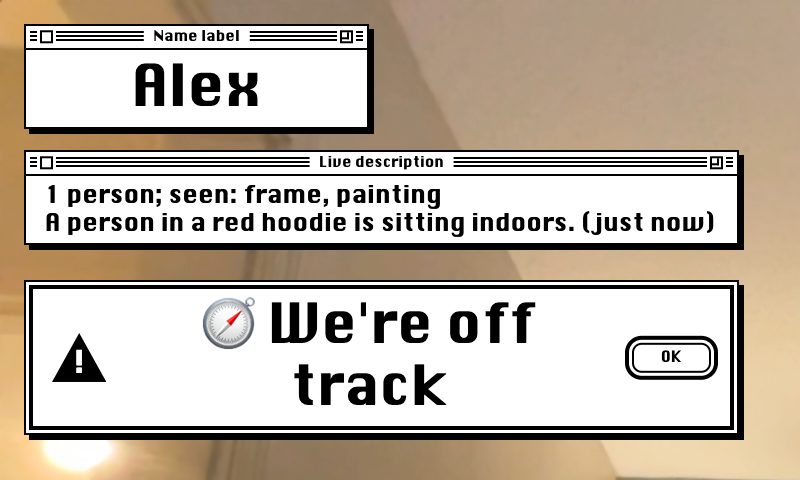 Sceneuron overlay in the Classic Mac theme: name label, live description and a “We're off track” card.
