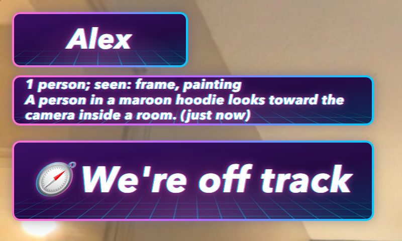 Sceneuron overlay in the Vaporwave theme: name label, live description and a “We're off track” card.