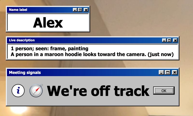 Sceneuron overlay in the Windows 95 theme: name label, live description and a “We're off track” card.